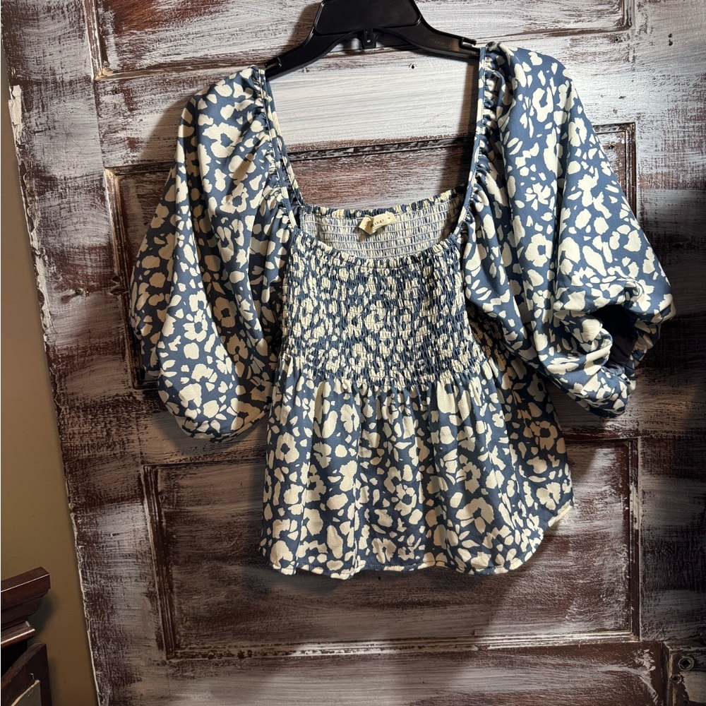 By Together Blue and White Floral Smocked Blouse